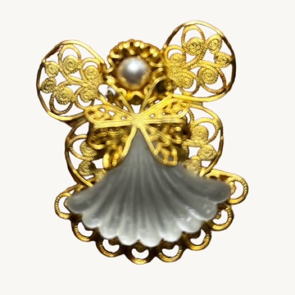 Jane Jewelry - VINTAGE JANE ANGEL FILIGREE BROOCH PIN 1998 GOLD TONE FROSTED GLASS FAUX PEARL